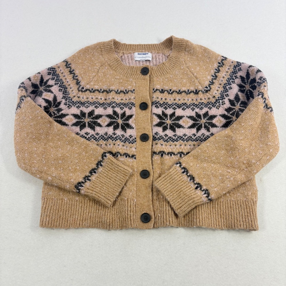 Old Navy Fair Isle Cardigan Women L Tan Pink Snowflake Sweater Cabin Holiday